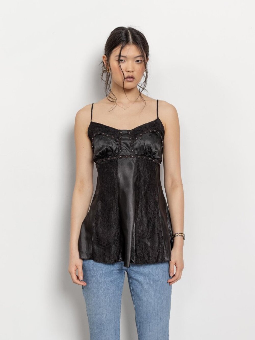 BLACK SLIP Camisole Beaded Satin Lace Lingerie Vintage / Small